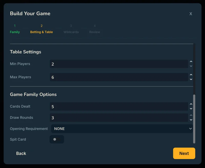 Game builder interface for creating custom poker games with variant selection on Wild Card Night