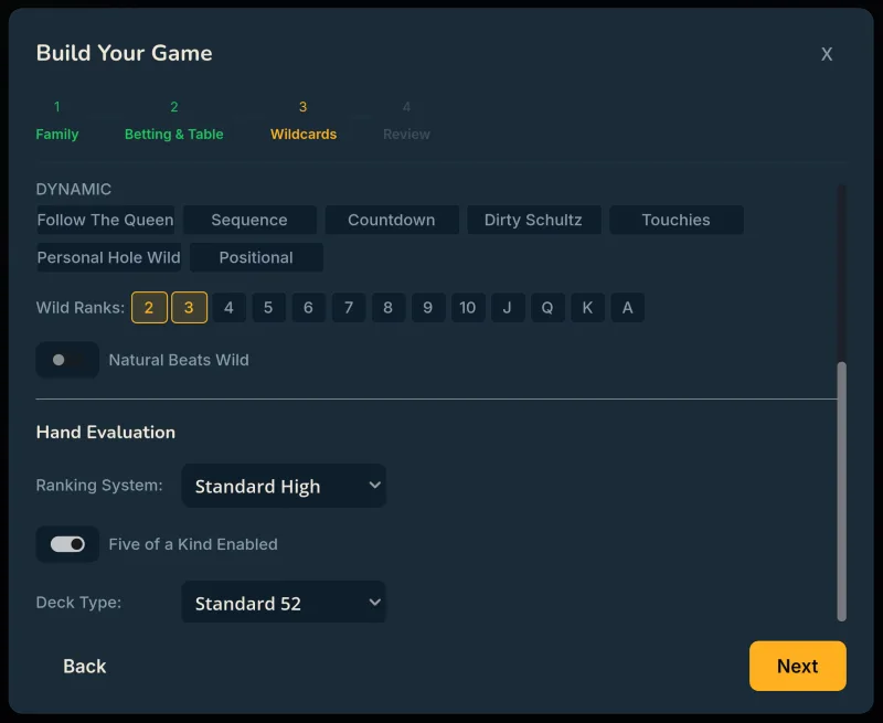 Customizing game rules, wildcard types, and betting structure in the Wild Card Night game builder