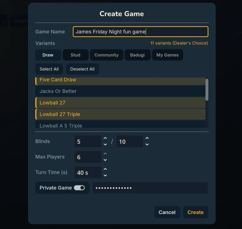 Create a new poker game room with custom settings on Wild Card Night