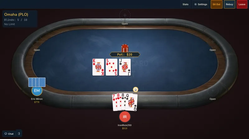 Omaha poker variant with community cards displayed on the Wild Card Night game table