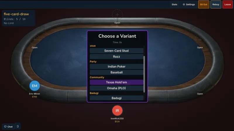 Dealer choosing a poker variant from the game selection menu on Wild Card Night