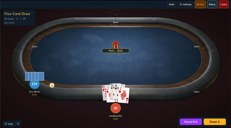 Five-Card Draw poker game showing player hands, betting options, and chip stacks on Wild Card Night