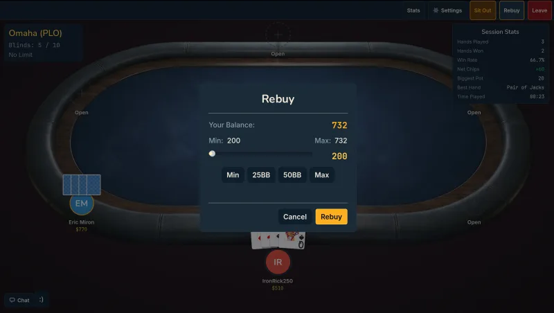 Player statistics and rebuy interface showing chip counts and game history on Wild Card Night