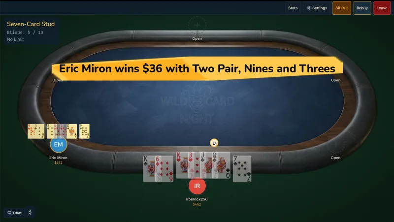 Seven-Card Stud poker gameplay with face-up and face-down cards on Wild Card Night